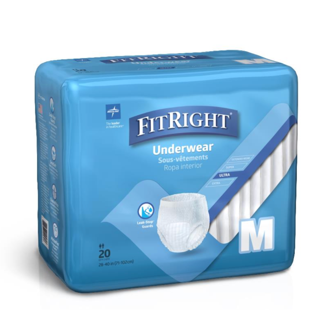 FitRight Unisex Ultra Adult Pull-Up Underwear in size M features moisture-wicking comfort, an ultra-absorbent core, and Leak Stop Guards. The blue packaging contains 20 items suitable for waist sizes 28-40 inches (71-102 cm), offering moderate absorbency.